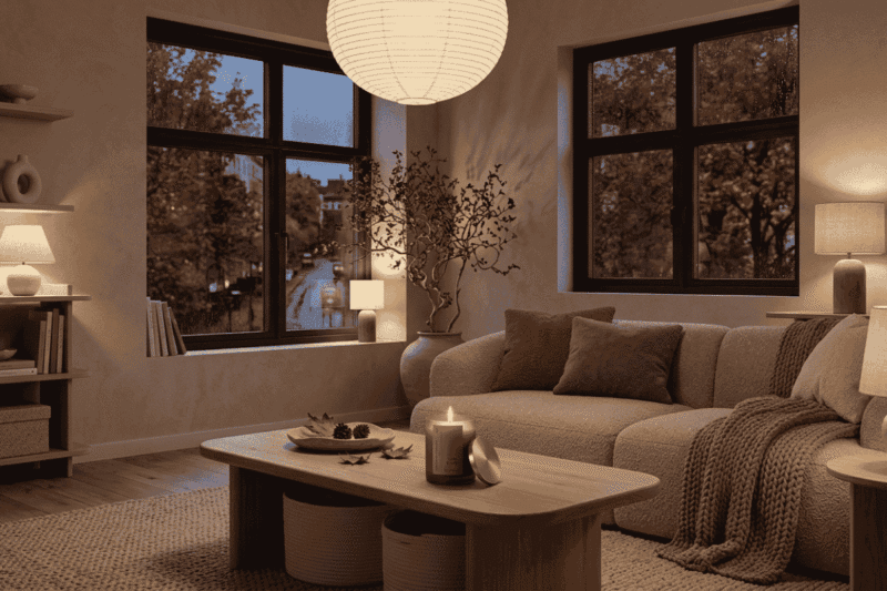 une bougie Niõ diffusant les parfums qui réchauffent l'intérieur d'un appartement au style japandi un soir d'automne