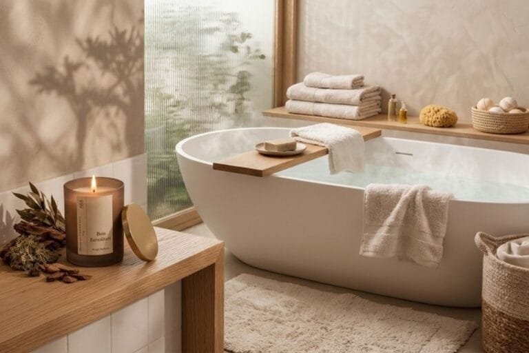 Une salle de bain prête pour un rituel de bain SPA avec une bougie parfumée Niõ allumée posée sur le meuble