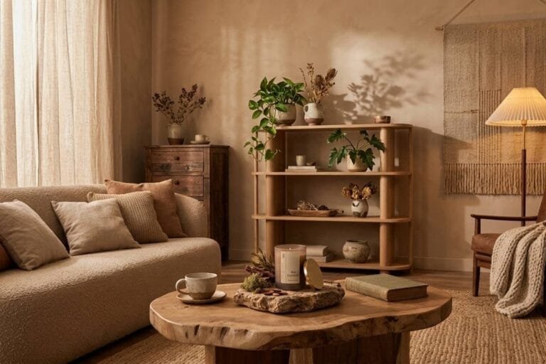 Bougie parfumée Niõ posée sur une table basse d'un intérieur décoré aux tendances déco automne 2026 - couleurs terriennes et matières naturelles