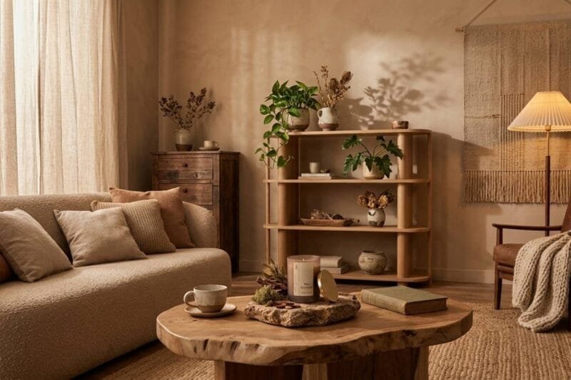 Bougie parfumée Niõ posée sur une table basse d'un intérieur décoré aux tendances déco automne 2026 - couleurs terriennes et matières naturelles