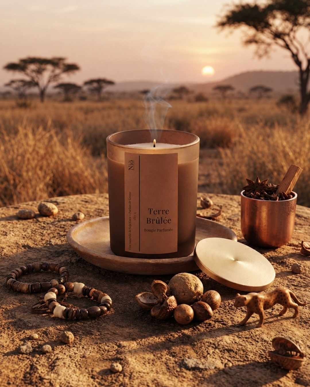 Bougie Terre Brûlée allumée devant un paysage de savane au coucher du soleil, entourée de badiane, de cannelle et d'une petite figurine de fauve.