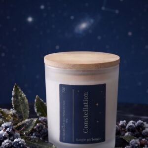 Bougie parfumée Constellation de Niõ posée au milieu des baies et fruits des bois, avec des étoiles en arrière plan