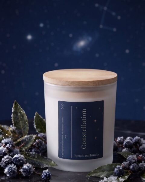 Bougie parfumée Constellation de Niõ posée au milieu des baies et fruits des bois, avec des étoiles en arrière plan