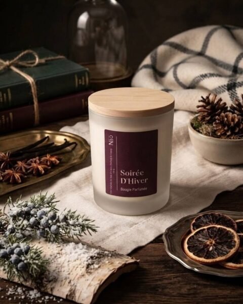 Bougie parfumée Soirée d'Hiver de la collection Nuit Polaire Hiver 2026/2027 de Niõ dans une mise en scène cocoon avec des épices de Noel, pommes de pain