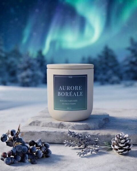 Bougie Signature de Niõ, Aurores Boréales, dans une scène de nuit polaire