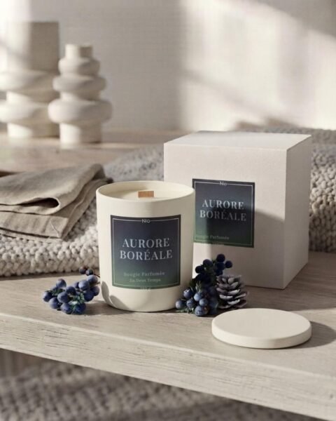 Bougie parfumée Aurores Boréales de Niõ avec son écrin en coffret cadeau Noel