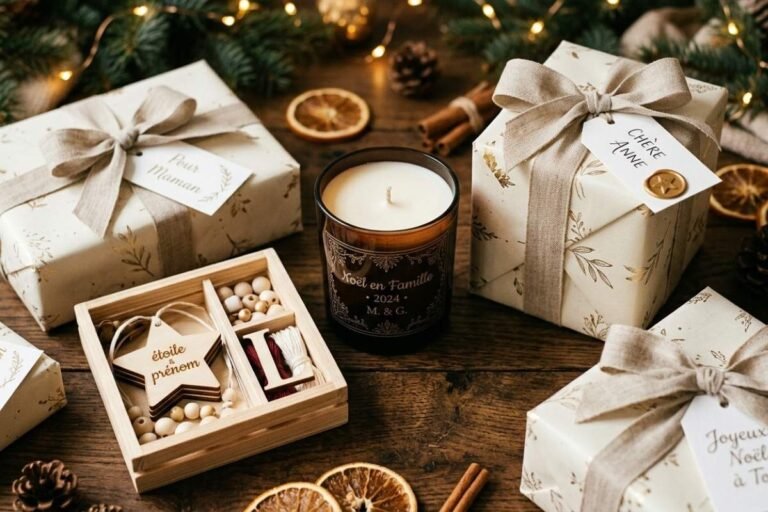 Idées de cadeaux de Noël personnalisés et uniques 3 Cadeaux de Noel personnalisés sur une table en bois, ambiance de fêtes de fin d'année façon Niõ