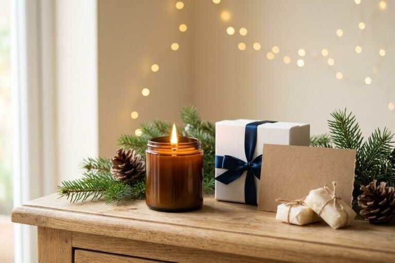 Cadeaux parfumés à moins de 30 € : notre sélection pour les fêtes 3 Une étagère avec une bougie allumée et sélection de cadeaux parfumés à moins de 30 euros chez Niõ - Ambiance chaleureuse des fêtes de fin d'année