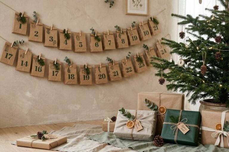 Ambiance Noel, cadeaux sous sapin, un calendrier de l'Avent DIY avec les créations parfumées Niõ accroché au mur