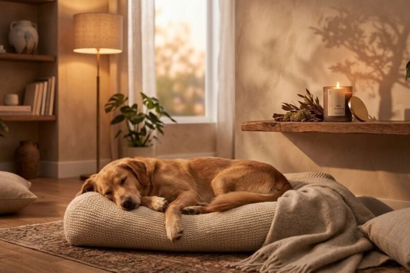 Bougie parfumée de chez Niõ sur une étagère au dessus d'un chien paisiblement endormi sur son coussin - illustration de l'article les chiens et bougies parfumées en toute sécurité