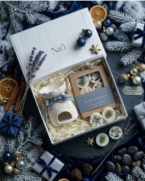 Un brûle-parfum et fondants de cire parfumée coulé et décorée à la main dans le coffret écrin polaire idéal pour Noel
