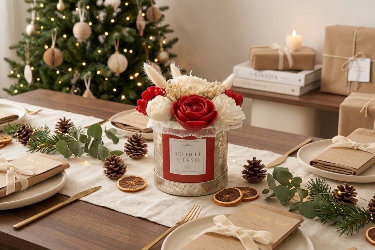 Le bouquet en fleurs de cire Célébration de Niõ au centre d'une table élégante de Noël