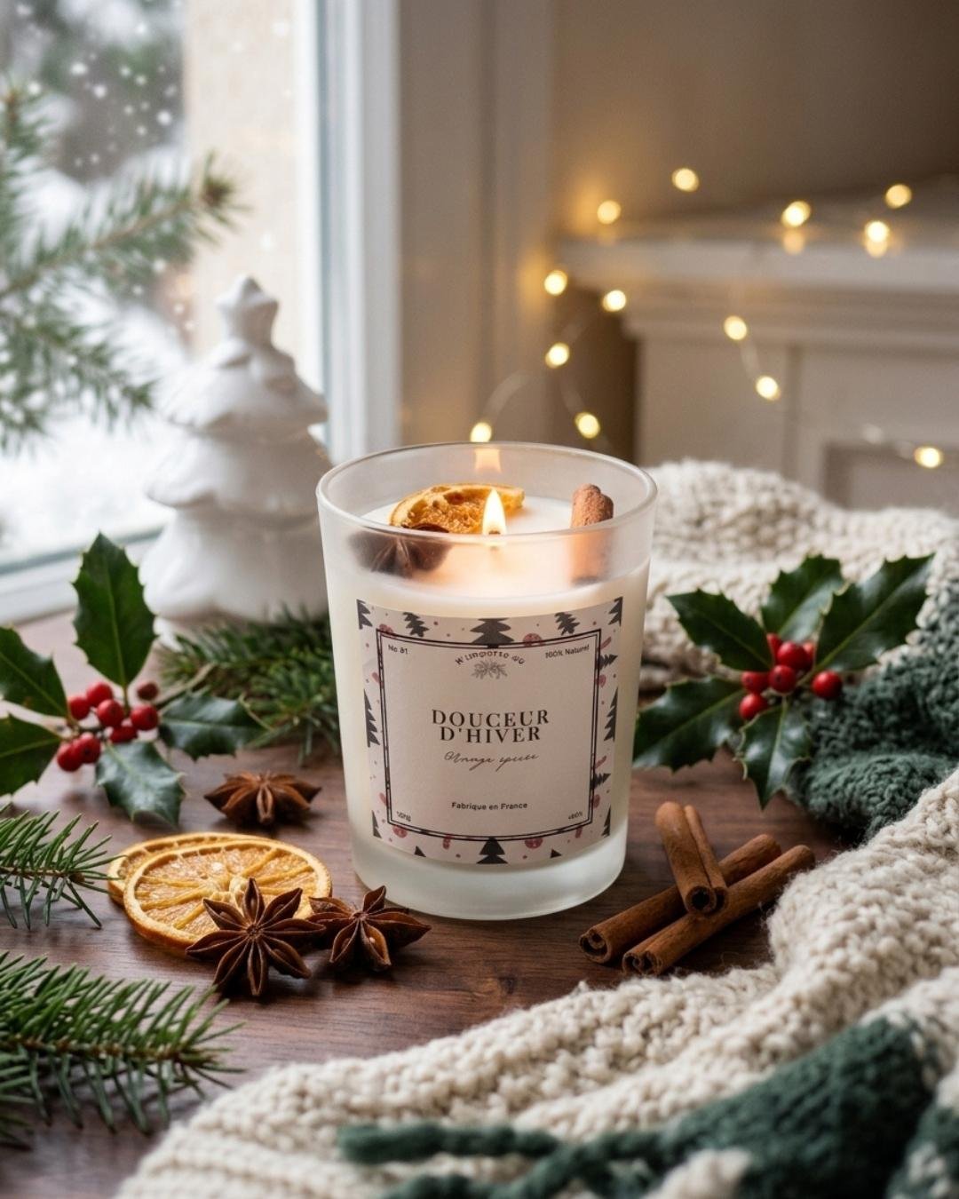Bougie Douceur d'Hiver allumée devant une fenêtre enneigée, entourée d'orange séchée, de cannelle et de houx