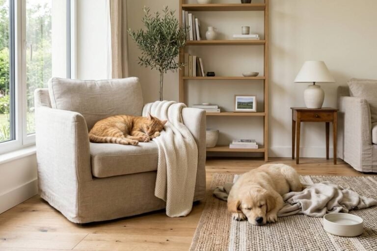 Un intérieur à la décoration soignée et propre avec un chat et un chien au repos et solutions efficaces de Niõ pour éliminer les odeurs d'animaux