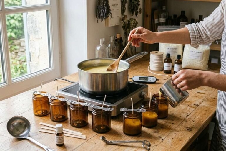 Une amatrice en train de fabriquer sa bougie parfumée maison DIY dans son atelier improvisé - Niõ