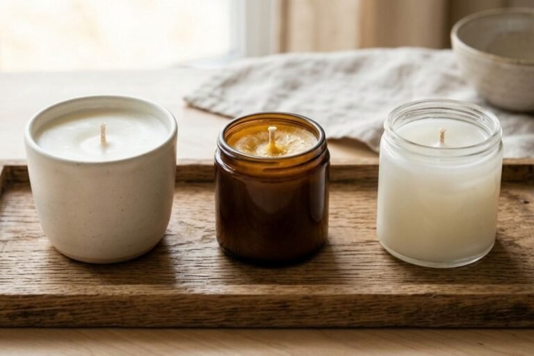 Trois bougies en cire de soja, cire d'abeille et en paraffine cote à cote en comparaison