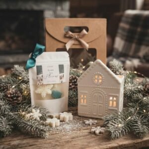 Coffret parfumé Hiver Cosy en scène de fête : maison brûle-parfum en céramique, fondants et décor de Noël sur bois clair
