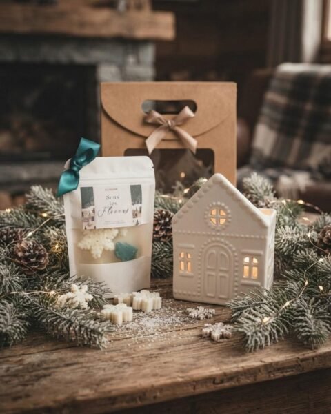 Coffret parfumé Hiver Cosy en scène de fête : maison brûle-parfum en céramique, fondants et décor de Noël sur bois clair