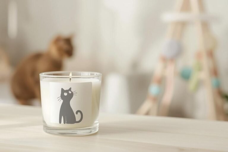 Les huiles essentielles toxiques pour les chats : la liste à connaître 5 Une bougie posée sur une table avec la silhouette d'un chat en arrière plan qui craint les huiles essentielles toxiques