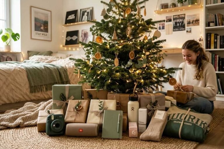 Une jeune fille souriante qui ouvre un cadeau de Noel pour ado, dans sa chambre d'adolescente avec une décoration soignée, un sapin et des cadeaux de Noel sous le sapin
