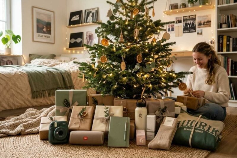 Une jeune fille souriante qui ouvre un cadeau de Noel pour ado, dans sa chambre d'adolescente avec une décoration soignée, un sapin et des cadeaux de Noel sous le sapin