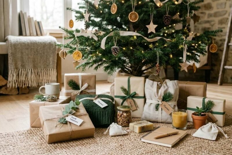 Idées de cadeaux de Noel petit budget sous un sapin, ambiance chaleureuse de fêtes de fin d'année
