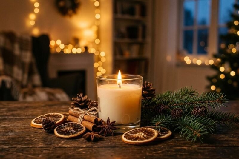 Une bougie Niõ entourée des senteurs de Noël : Sapin, orange épicée, cannelle, vanille… Ambiance chaleureuse fin d'année