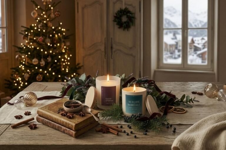 Noël Parfumé : Guide Ultime pour une Ambiance Magique chez soi 5 bougies Niõ dans un intérieur décoré pour un réveillon de Noel parfumé