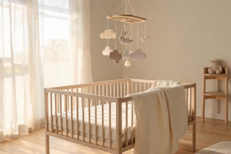 Une chambre de bébé lors d'une journée ensoleillée, ambiance aérée et pure