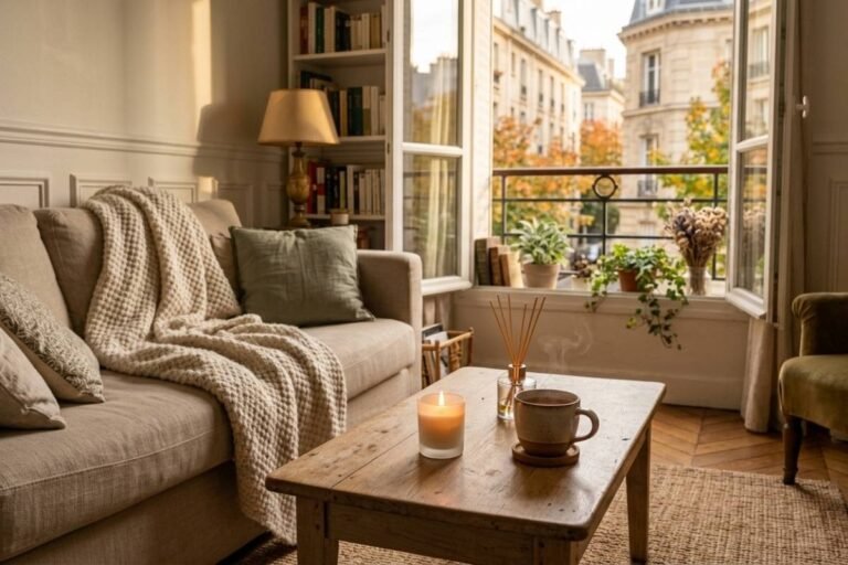 Intérieur cocooning d’automne, bougie parfumée avec les parfums anti-stress allumée et plaid sur un canapé
