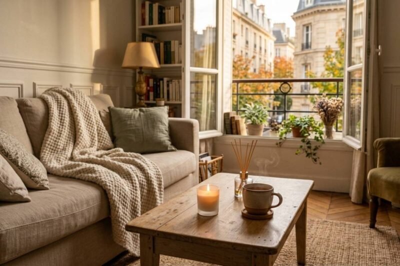 Intérieur cocooning d’automne, bougie parfumée avec les parfums anti-stress allumée et plaid sur un canapé
