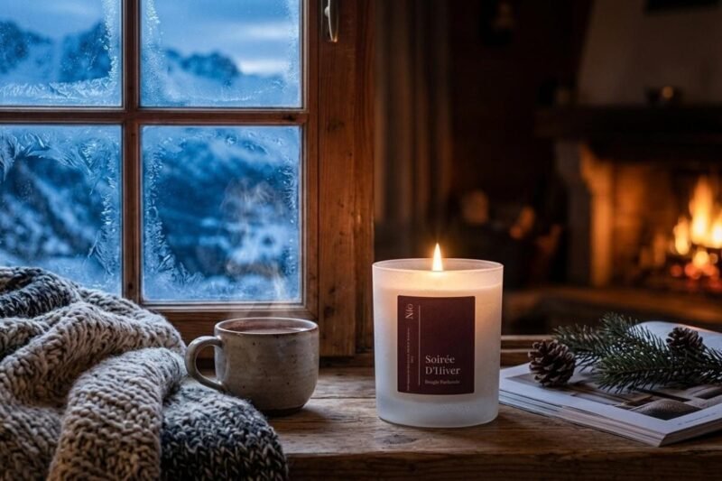 Bougie Soirée d'Hiver de Niõ dans une scène hivernal, pour illustrer les parfums d'intérieur pour hiver