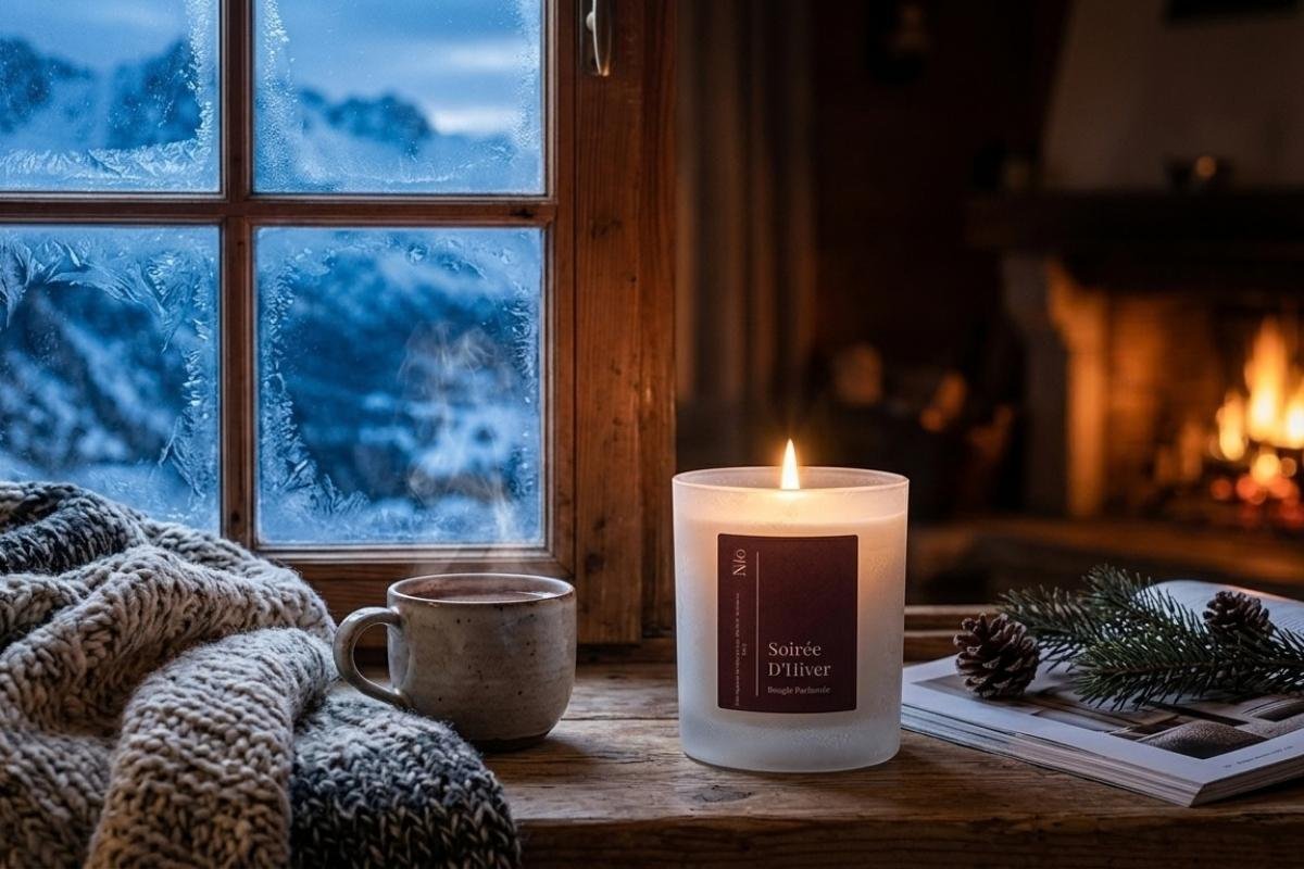 Bougie Soirée d'Hiver de Niõ dans une scène hivernal, pour illustrer les parfums d'intérieur pour hiver