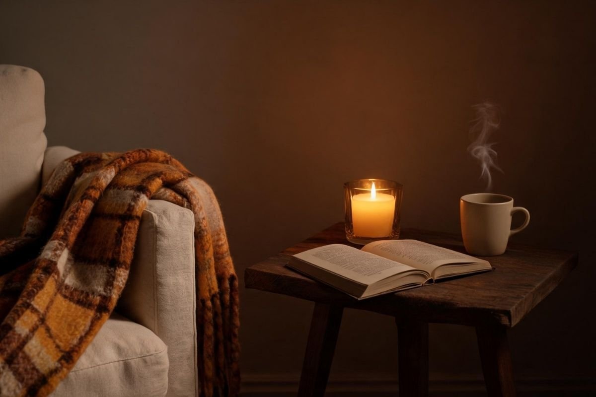 Ambiance lecture et cocooning : mon rituel du soir pour lire 1 Coin aménagé dans l'ambiance lecture avec une bougie parfumée signée Niõ