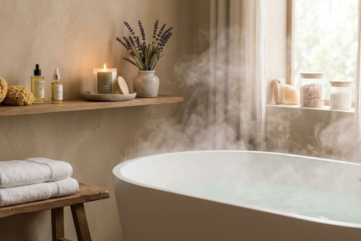 Rituel SPA maison dans une salle de bain avec une bougie d'ambiance Niõ posée sur une étagère en face d'une baignoire remplie d'eau chaude dont s'écoule de la vapeur douce. Ambiance cocooning, décoration soignée