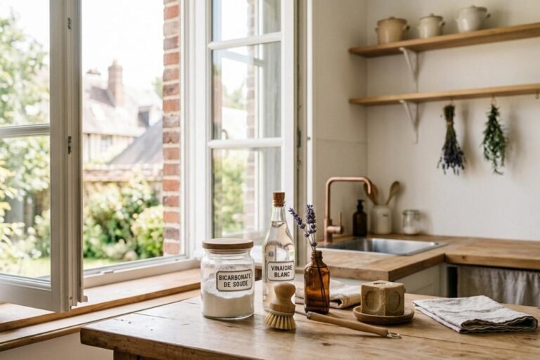 Les solutions naturelles contre les mauvaises odeurs dans la cuisine posés sur le plan de travail : bicarbonate, vinaigre blanc, savon...