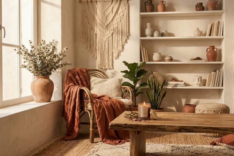 La bougie Bois Envoutant de Niõ sur une table basse en bois dans un intérieur décoré dans le style bohème